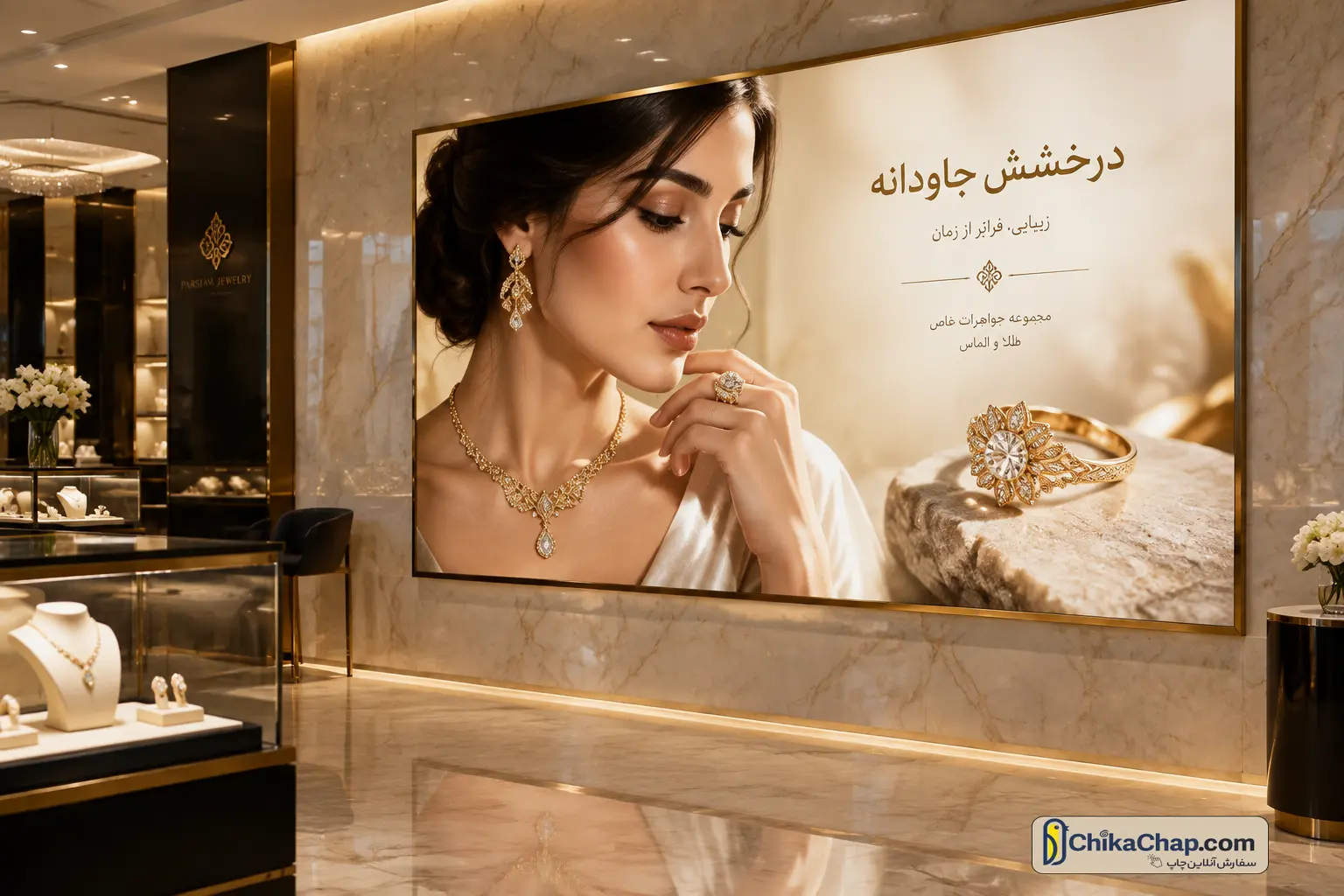 سفارش ساخت تابلوهای نورانی فروشگاهی برای ویترین طلا و جواهر با چاپ باکیفیت